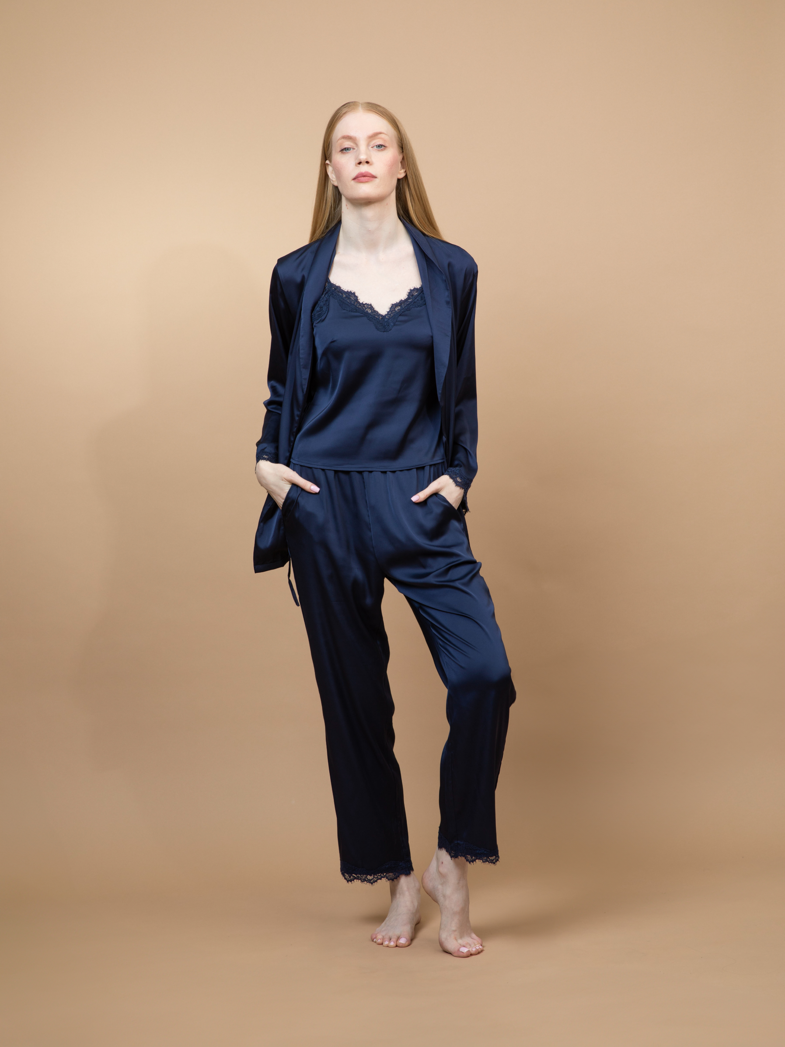 Lumi Navy Blue lace Robe Set