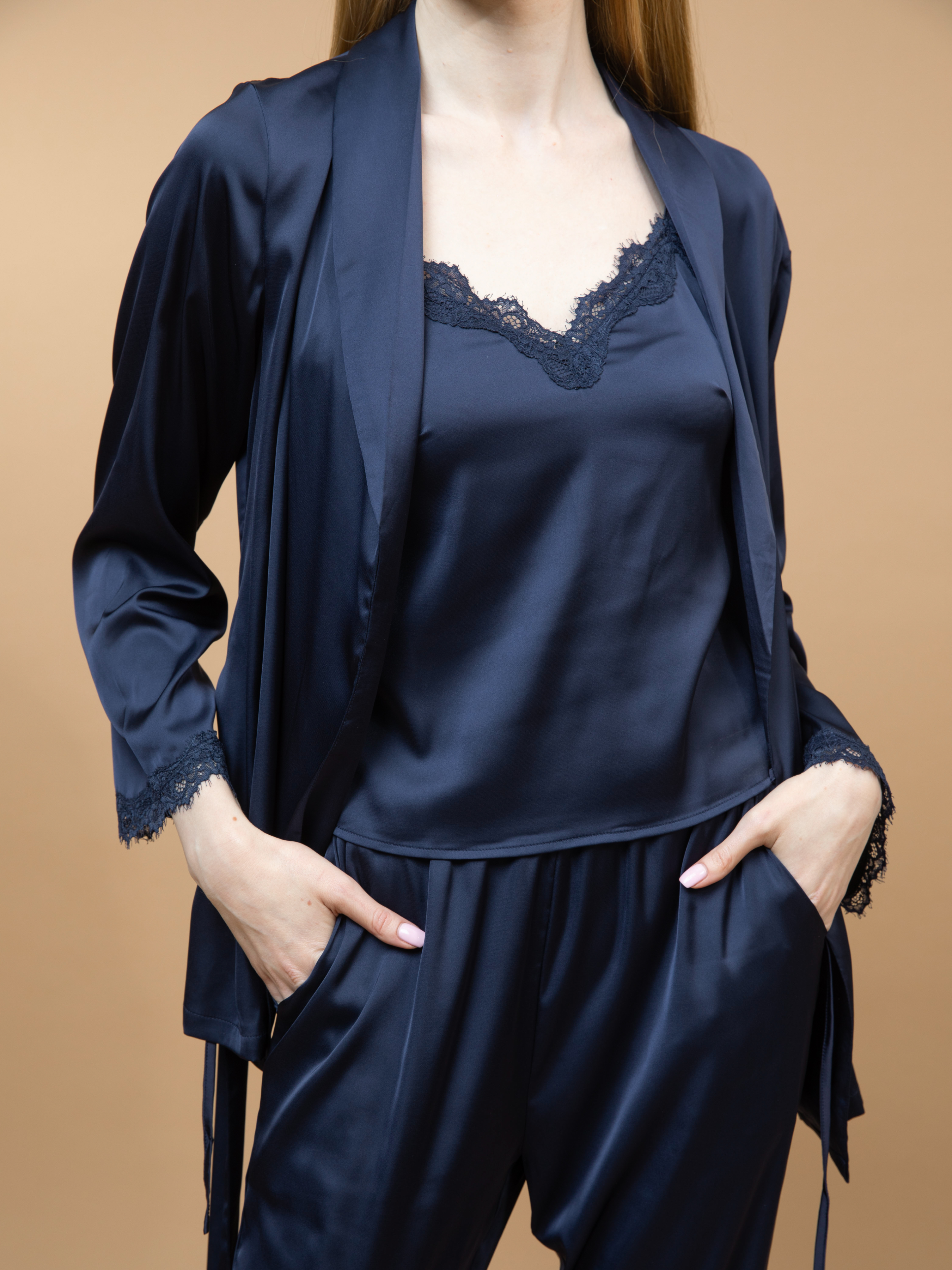 Lumi Navy Blue lace Robe Set